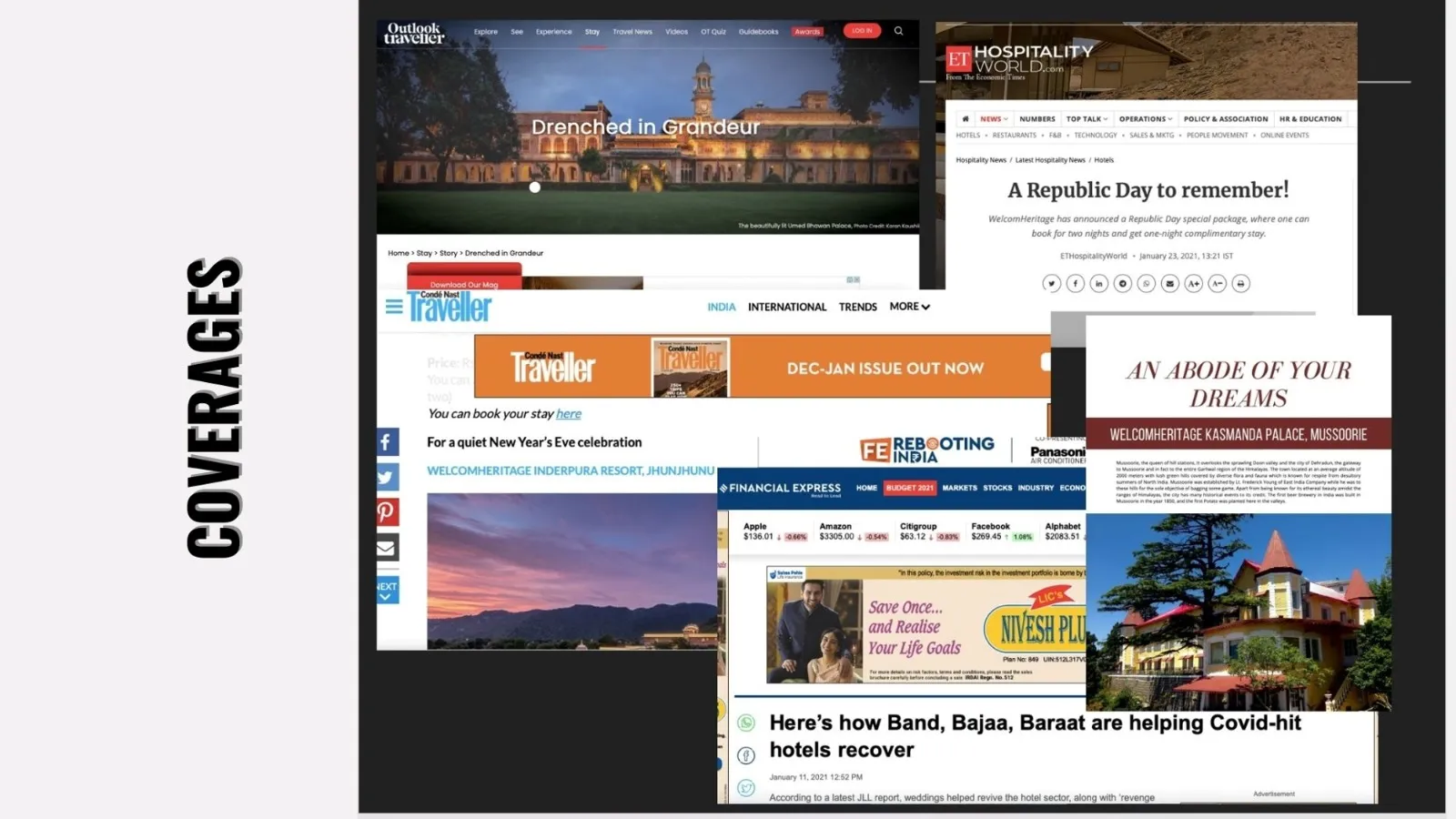 Collage of earned print and digital press coverage placements