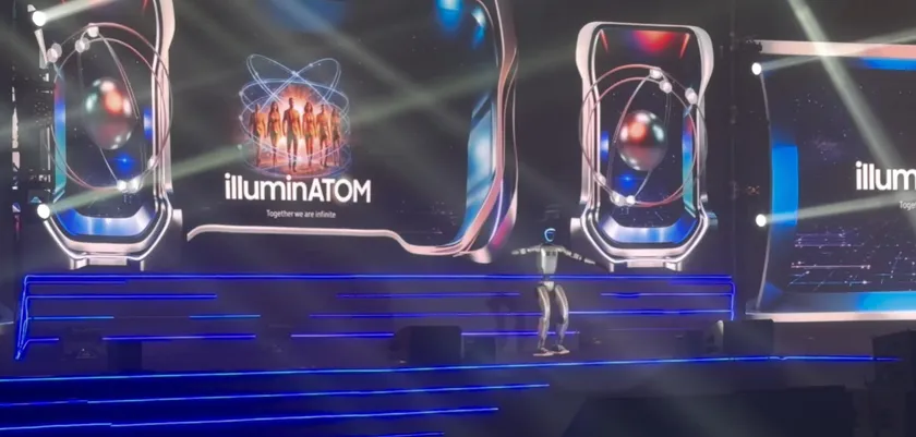 Full LED stage build with humanoid robot performer at a marquee corporate event